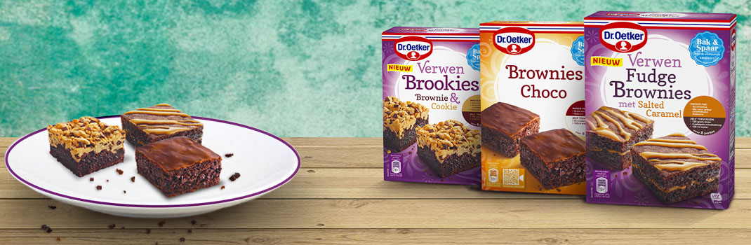 Verschillende pakken brownie mix van Dr. Oetker. Verschillende pakken brownie mix van Dr. Oetker.